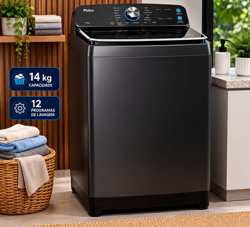 Máquina de Lavar 14 Kg Philco PLR14B sem agitador central na cor preta.