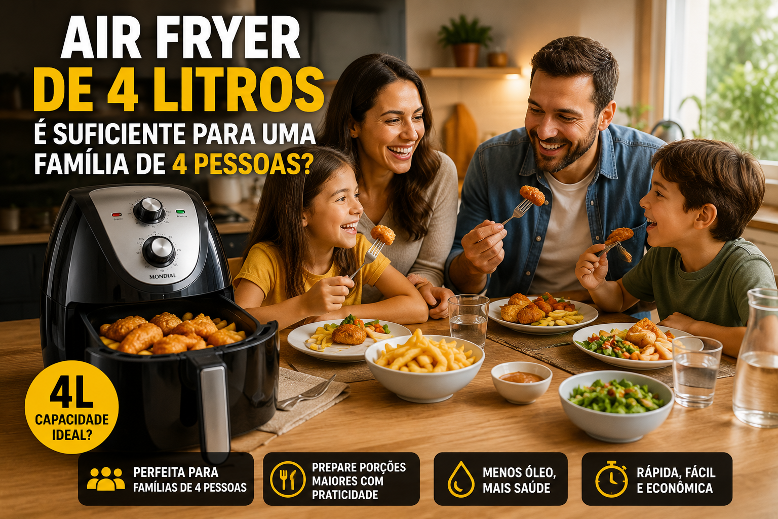 Air Fryer de 4 Litros é suficiente para uma família de 4 pessoas.