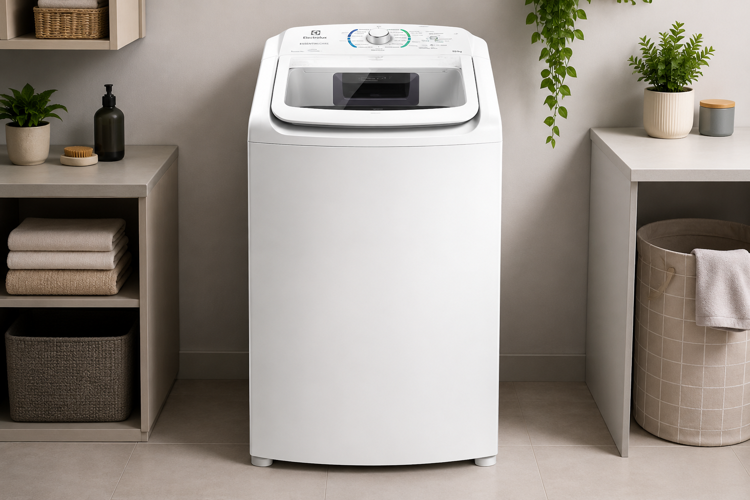 Máquina de Lavar Electrolux 11kg Branca Essential Care LES11 com abertura superior, tampa de vidro e painel seletor de programas na interface de vendas da Amazon.