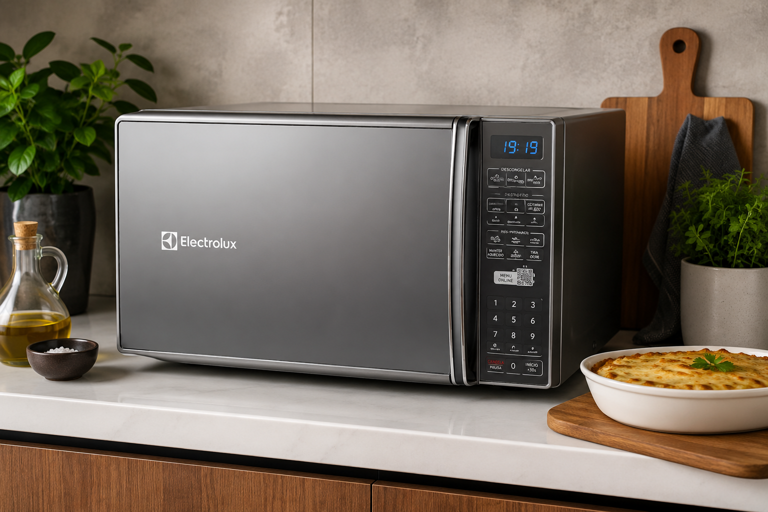 Micro-ondas Electrolux 27L Inox Espelhado MS37R exibindo a frente reflexiva espelhada e o painel digital numérico na interface da loja Amazon com avaliações positivas de clientes.