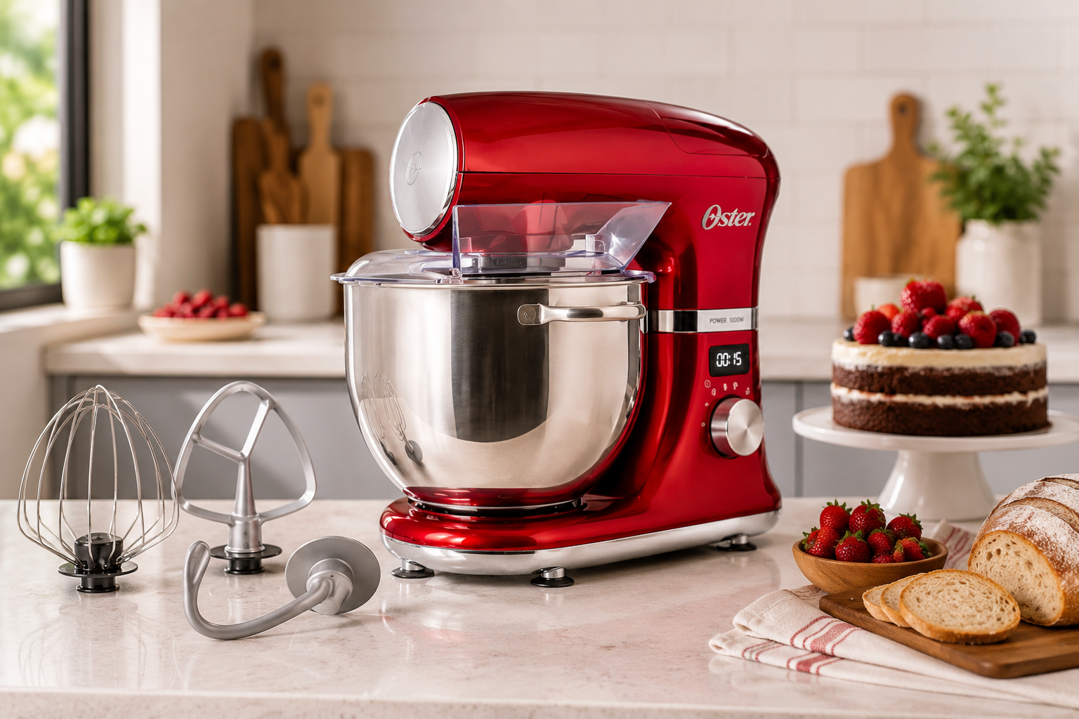 Visão detalhada da Oster Batedeira Planetária Digital vermelha com bowl de inox de 5 litros, destacando o display eletrônico e painel de controle lateral.